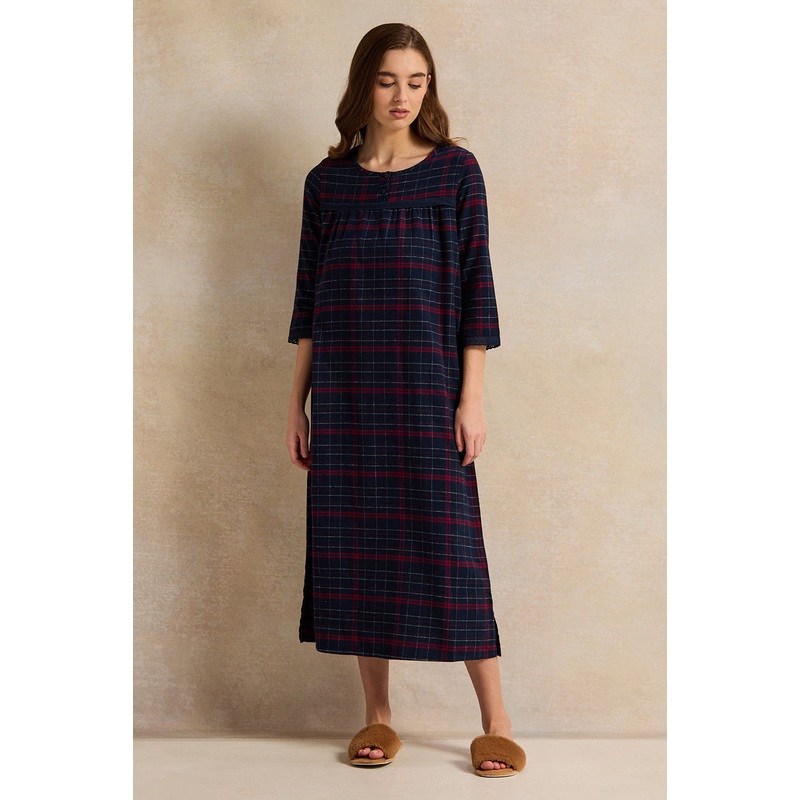 Women Navy Checkered Flannel Ninghtgown