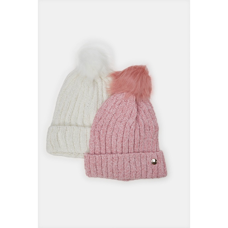 Women Pink And White Embellished Knitted Cap Set  (Pack of 2)