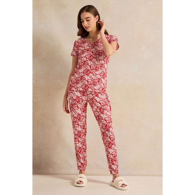 Women Red Printed Pyjama Set (2 Piece)