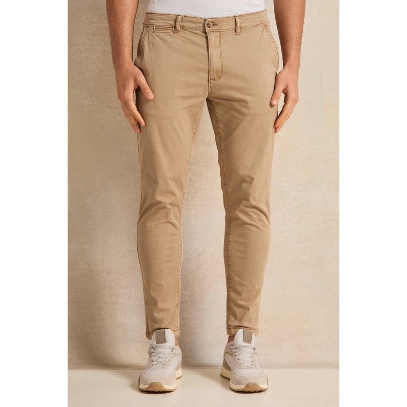 Beige Slim Fit Grament Dyed Chino Trousers