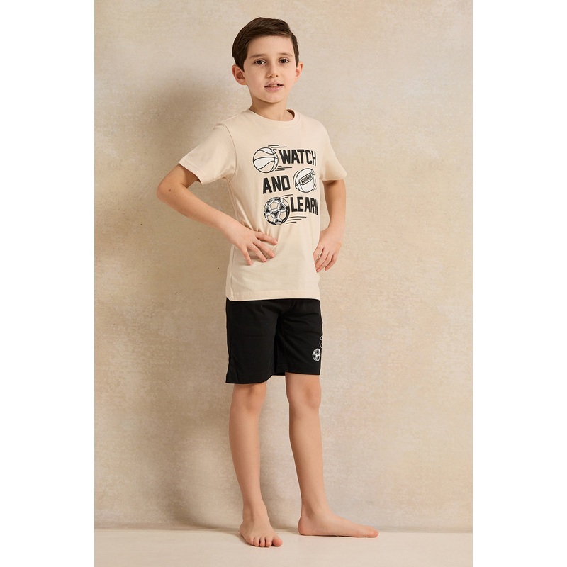 Boys Beige And Black Print Pyjama Set (2 Piece)