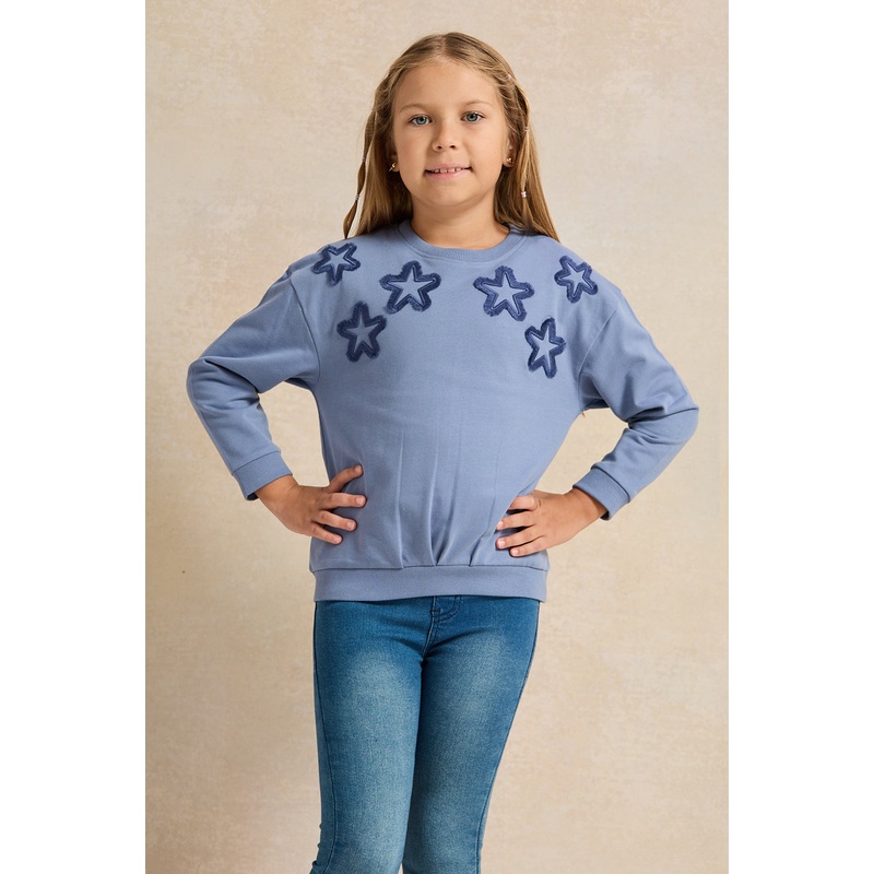 Girls Blue Star Embroidered Sweatshirt