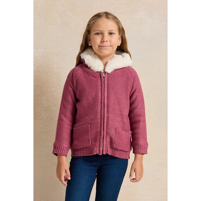 Girls Burgundy Zip Thru Cardigan With Sherpa Lining