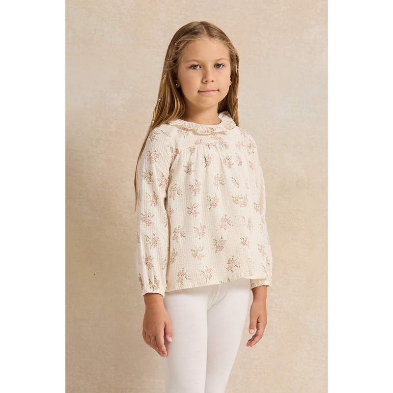 Girls Cream Printed Long Sleeve Blouse
