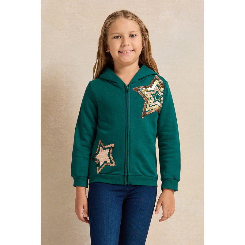 Girls Green Star Sequins Hooded Sweatshirt