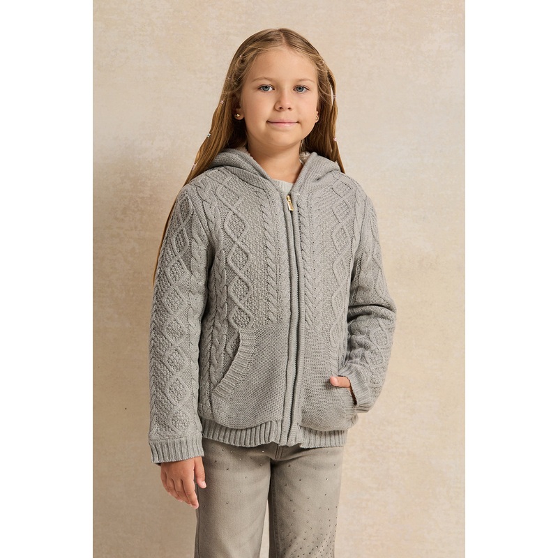 Girls Grey Zip Thru Hooded Cardigan