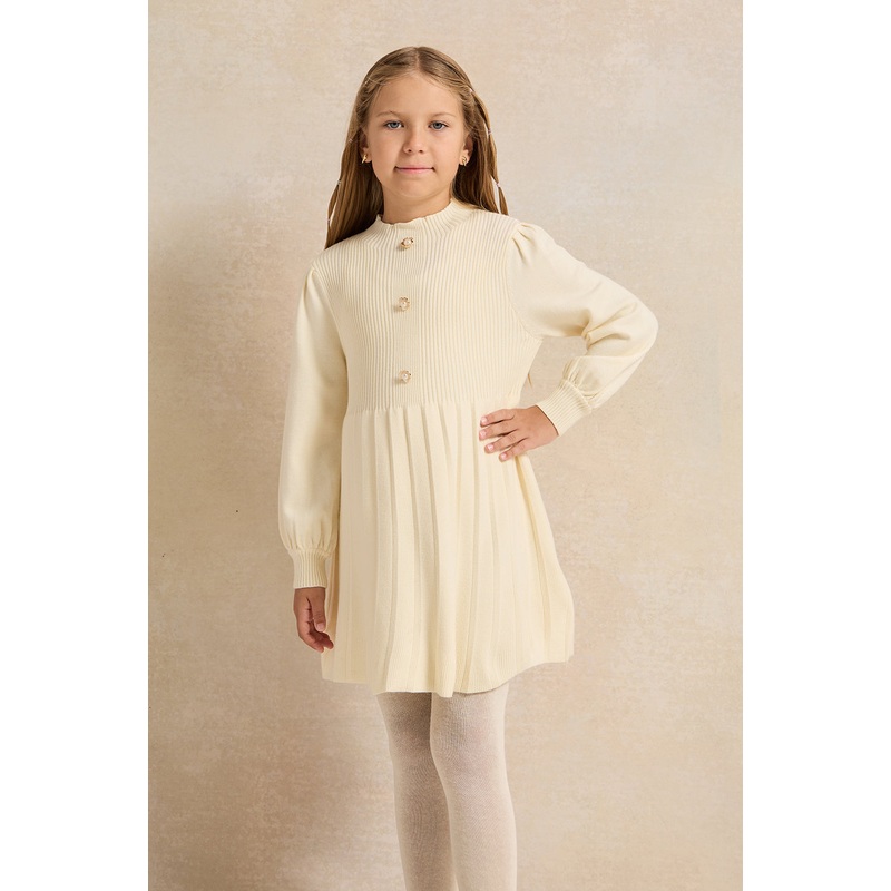 Girls Ivory High Neck Dress With Leggins (2 Piece)