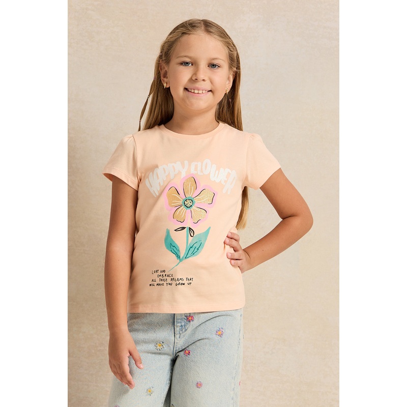 Girls Orange Happy Flower Printed T-Shirt