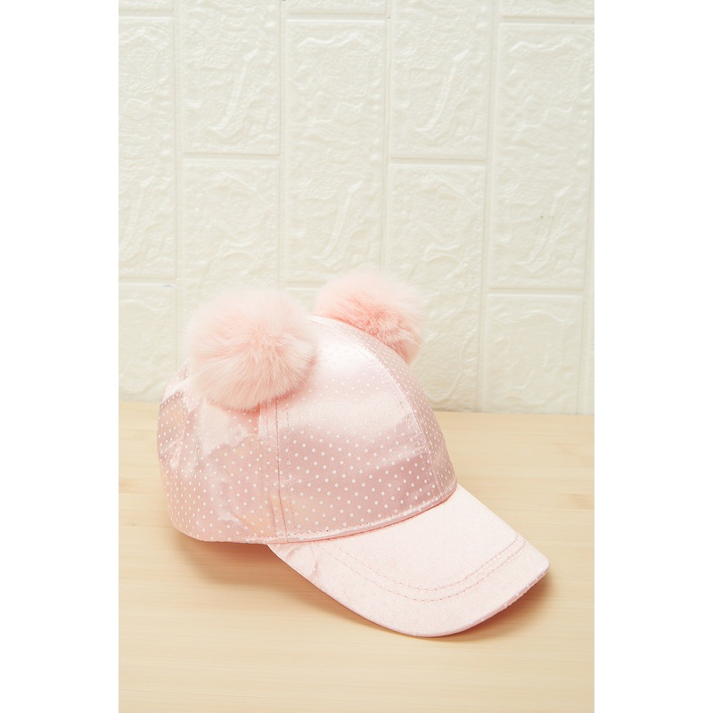 Girls Pink Embellished Cap With Pom Pom