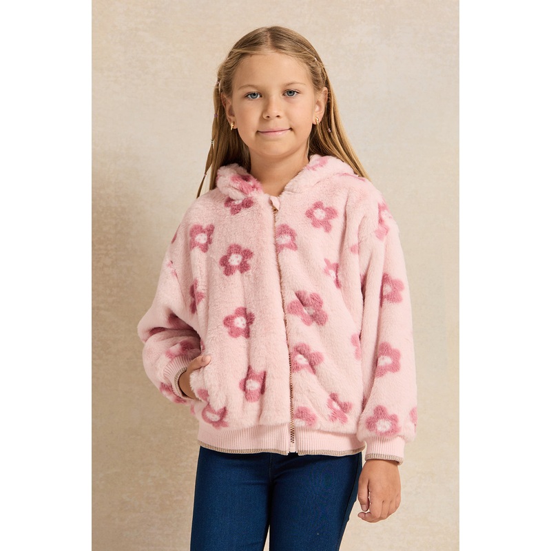 Girls Pink Fur Printed Hooded Jacket