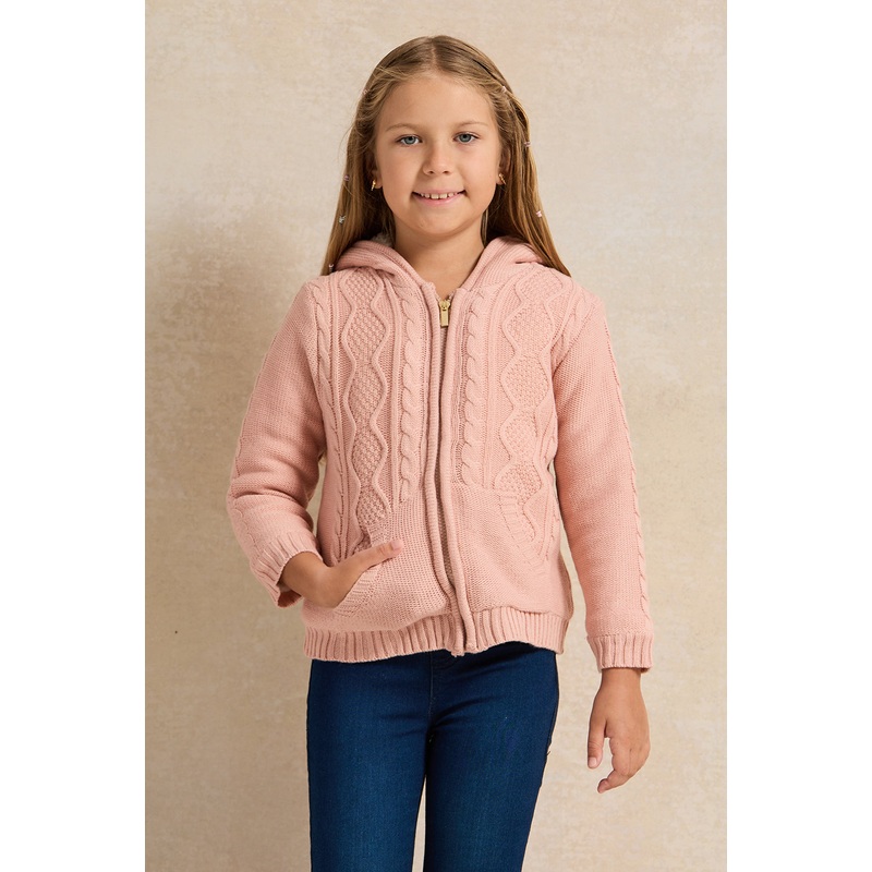 Girls Pink Zip Thru Hooded Cardigan