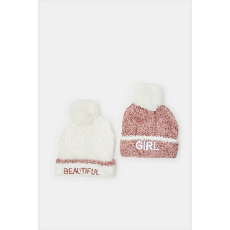 Girls White And Pink Beanie Cap (Pack of 2)