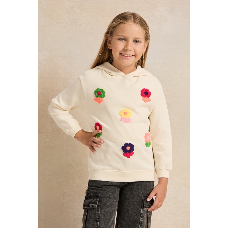 Girls White Embroidered Hooded Sweatshirt