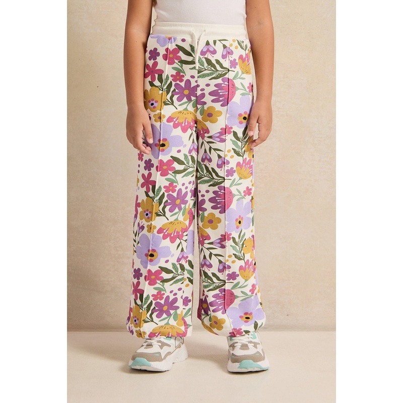 Girls White Floral Printed Track Pants