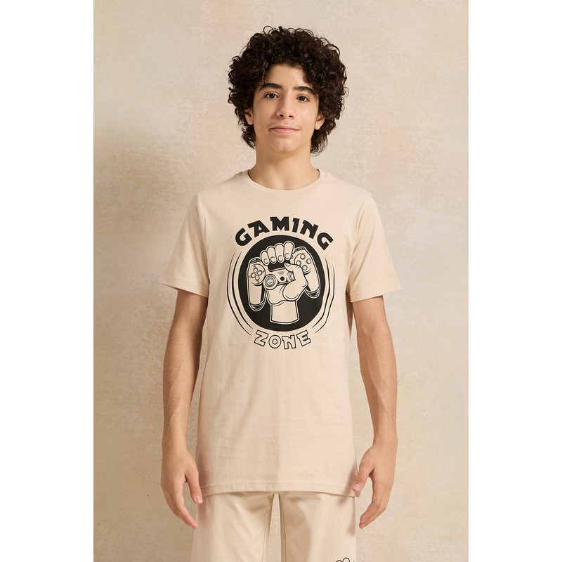 Senior Boys Beige Printed Pyjama Set (2 Piece)