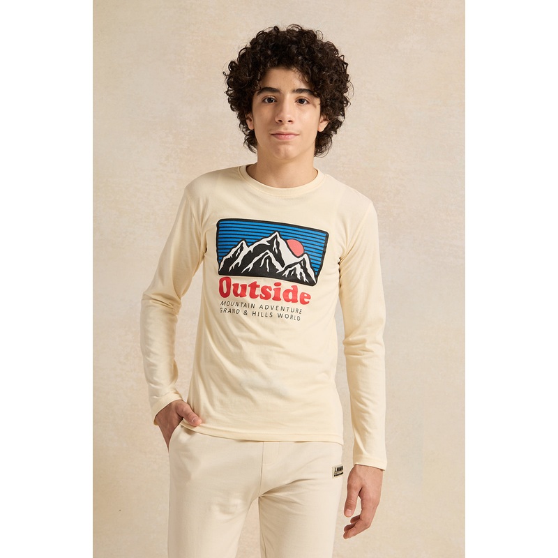 Senior Boys Beige Printed T-Shirt