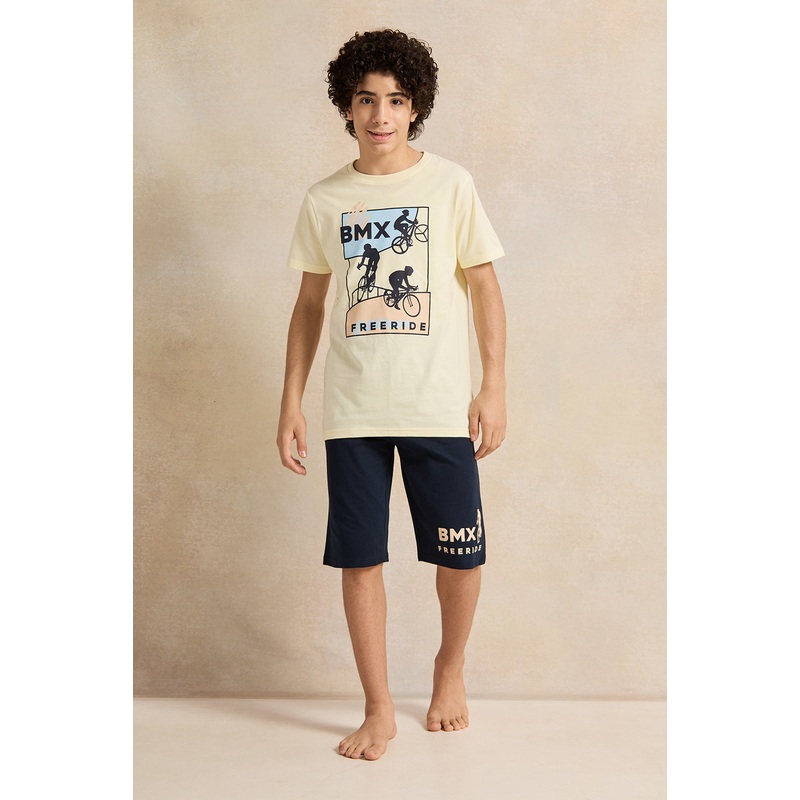 Senior Boys Yellow And Navy Printed Pyjama Set (2 Piece)