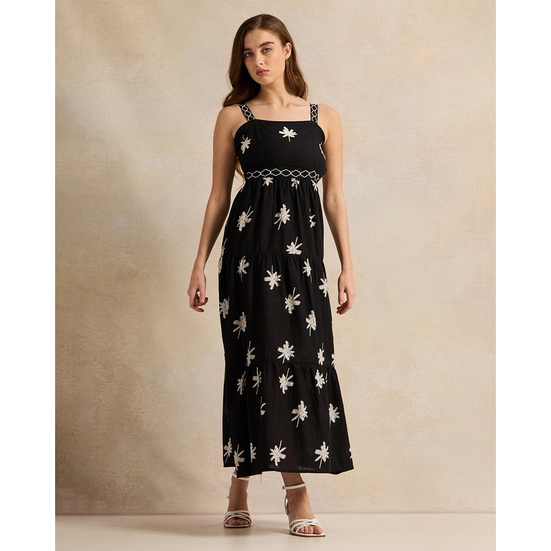 Women Black Embroidered Palm Pint Strap Dress