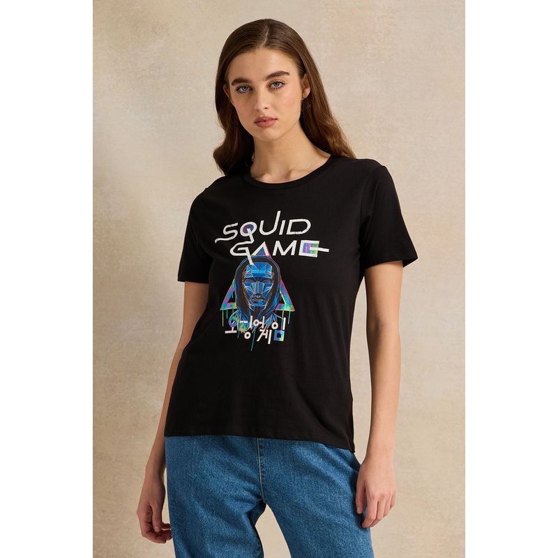 Women Black Squid Game Printed T-Shirt