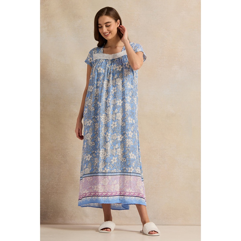 Women Blue Floral With Lace Detail Nightgown
