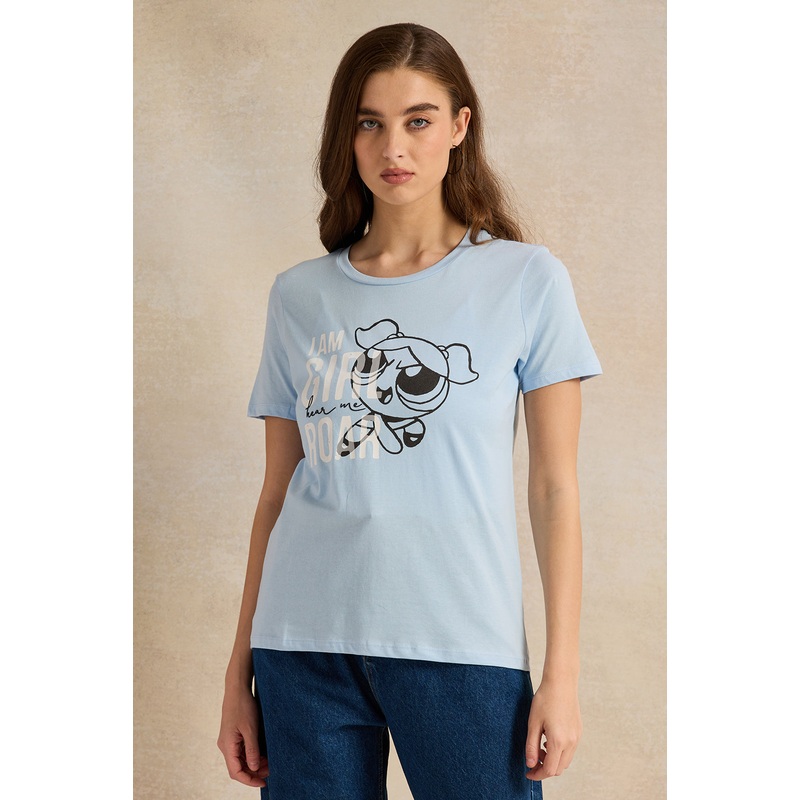 Women Blue Power Puff Printed T-Shirt