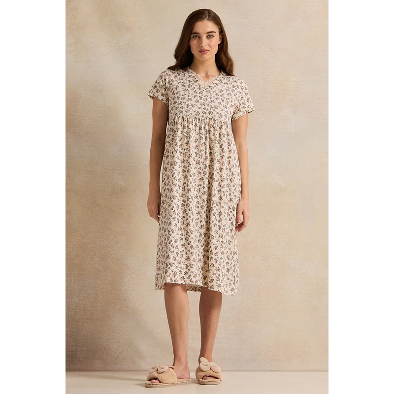 Women Brown Blossom Printed Knitted Nightgown