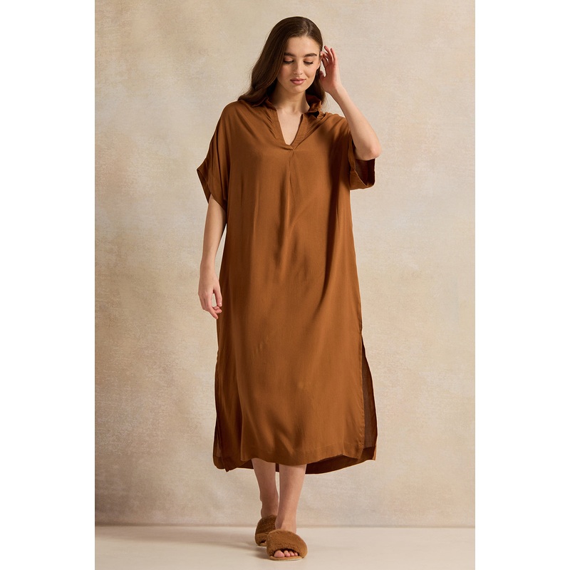Women Brown Plain Kaftan Sleeves Nightgown