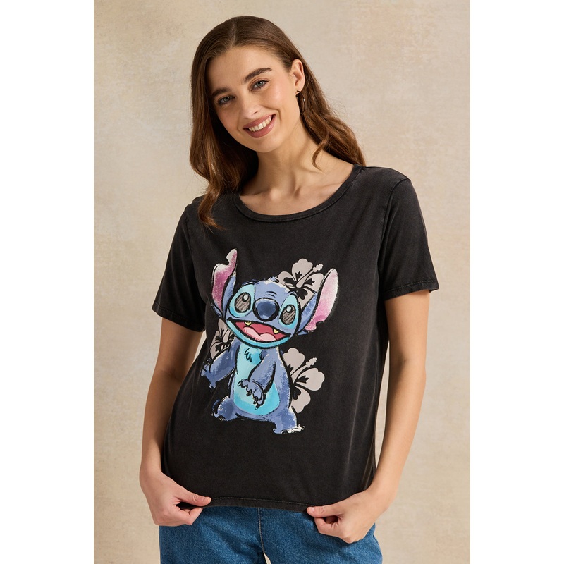 Women Charcoal Acid Wash Stitch Printed T-Shirt