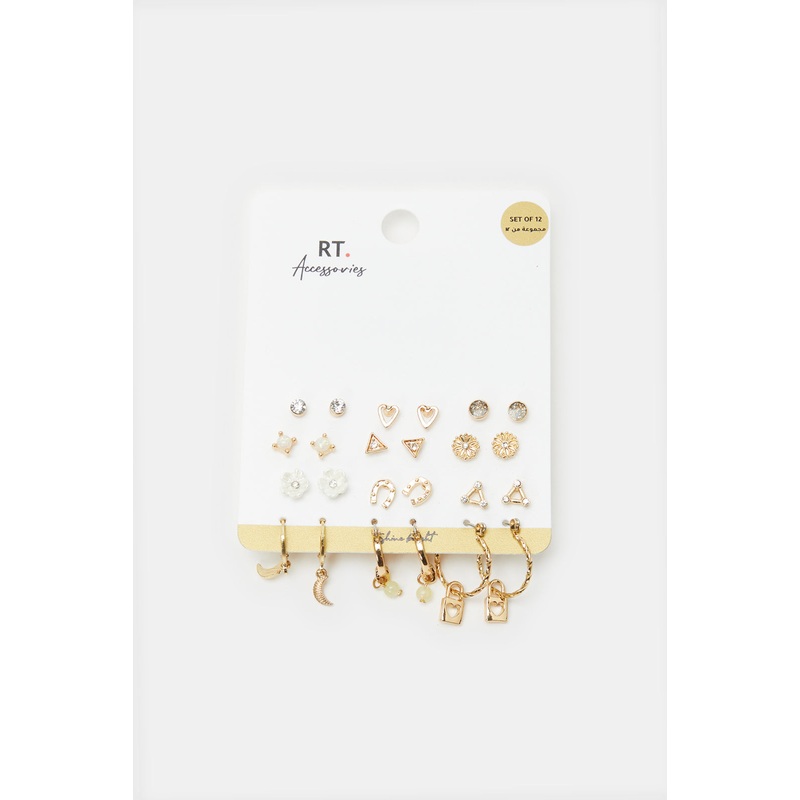 Women Gold Embellished Stud Set (12 Pairs)