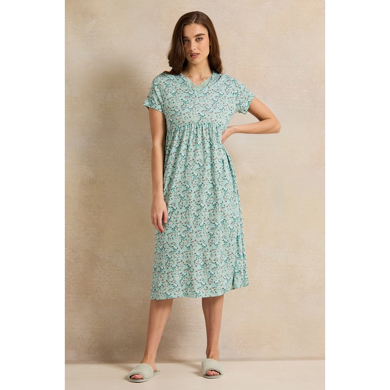 Women Green Blossom Printed Knitted Nightgown
