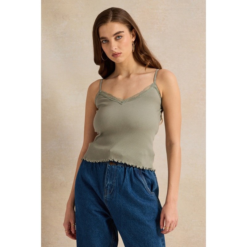 Women Green Plain Strappy Lace Vest
