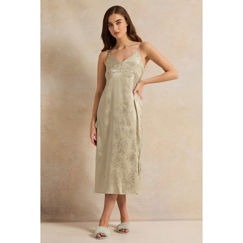 Women Green Satin Jacquard Long Padded Chemise