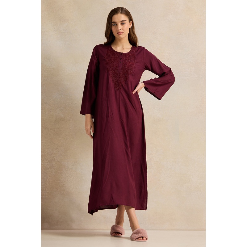 Women Maroon With Neck Embroidery Full Sleeve Nightgown