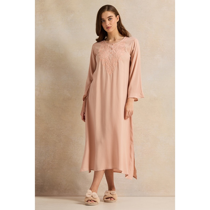 Women Peach With Neck Embroidery Full Sleeve Nightgown