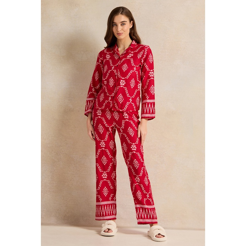 Women Red Aztec Dual Printed Collared Pyjama Set (2 Piece)