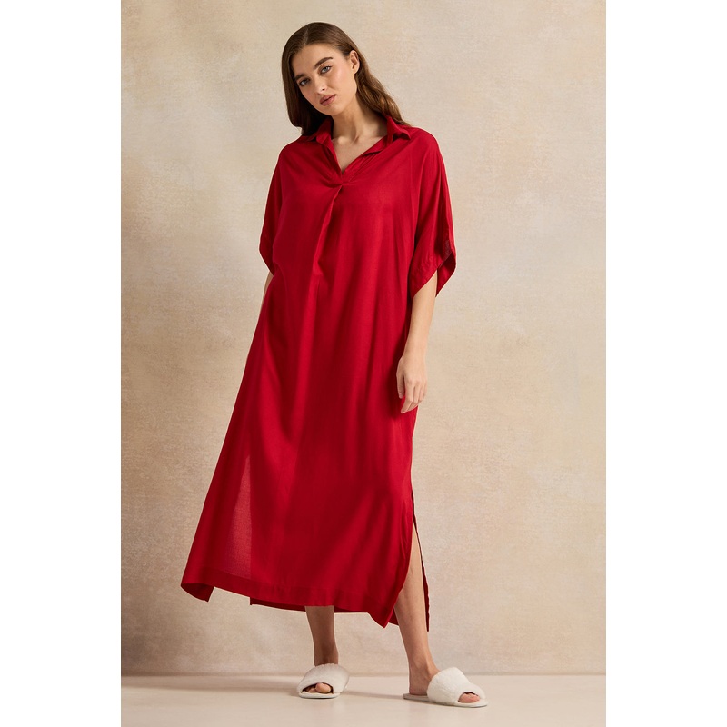 Women Red Plain Kaftan Sleeves Nightgown