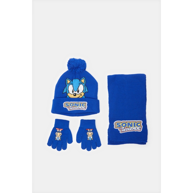 Boys Blue Sonic Knitted Knitted Cap Set (3 Piece)