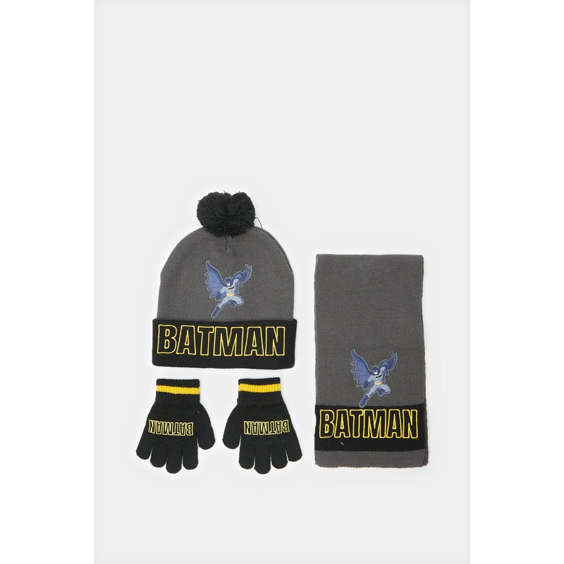 Boys Grey Batman Knitted Knitted Cap Set (3 Piece)