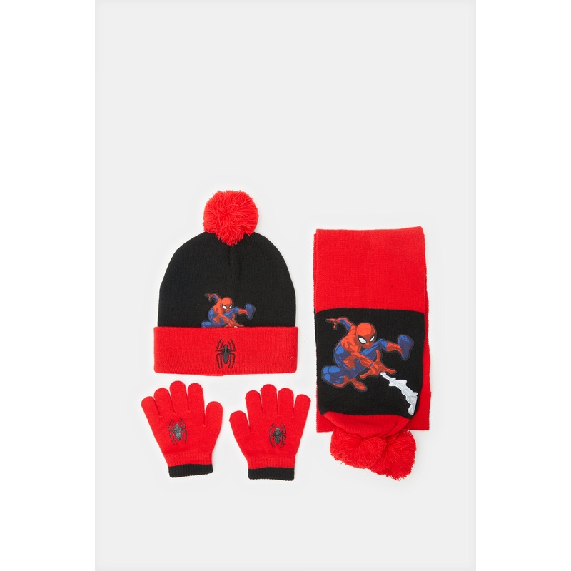 Boys Red Spider-Man Knitted Knitted Cap Set (3 Piece)