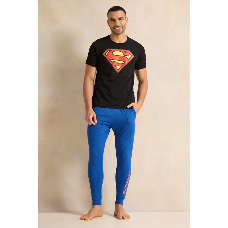 Men Black And Blue Superman Print (2 Piece)