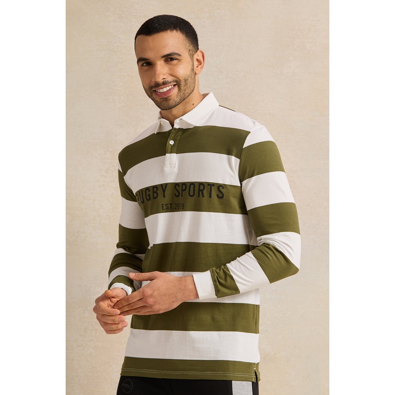 Men Green And White Casual Polo T-shirt