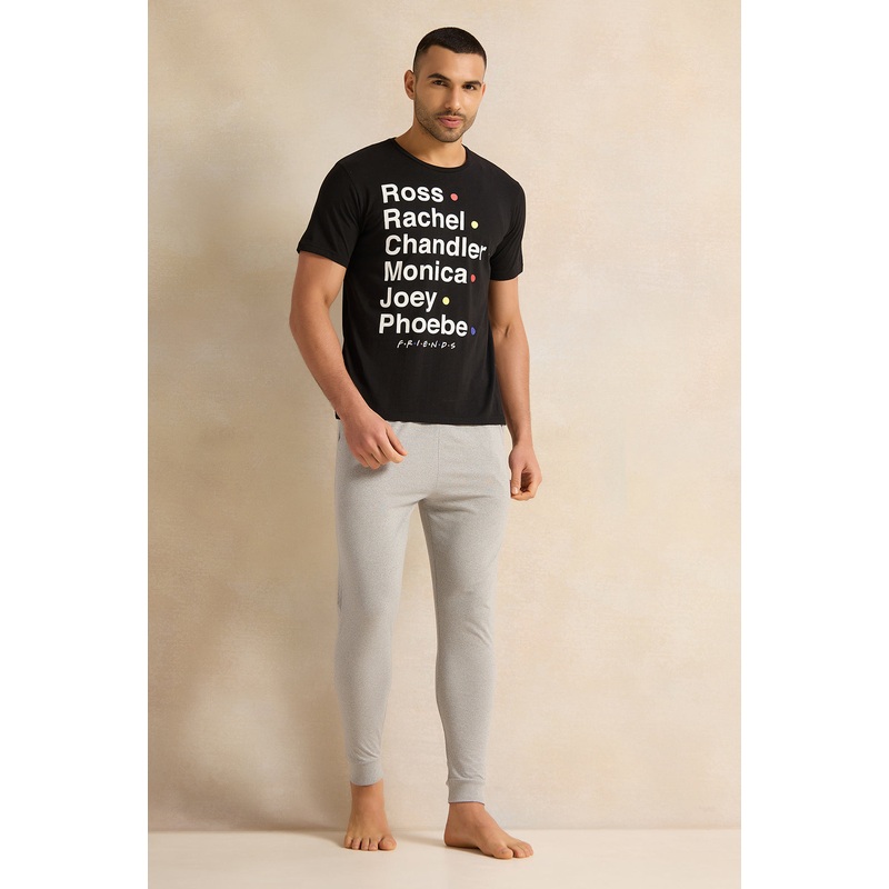 Men Grey And Black Friends Print Pyjama Set (2 Piece)