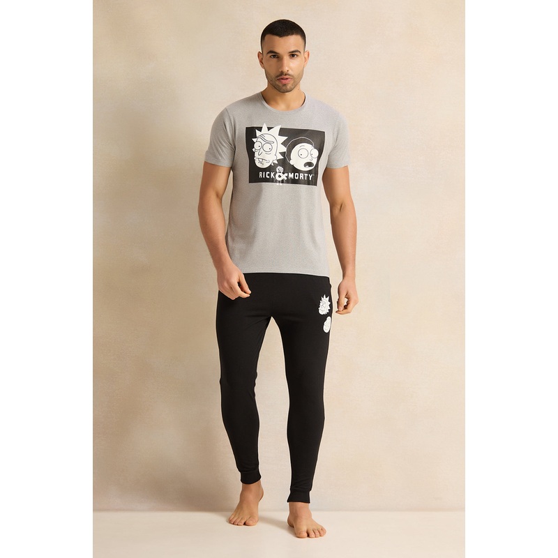 Men Grey And Black Printed Pyjama Set (2 Piece)
