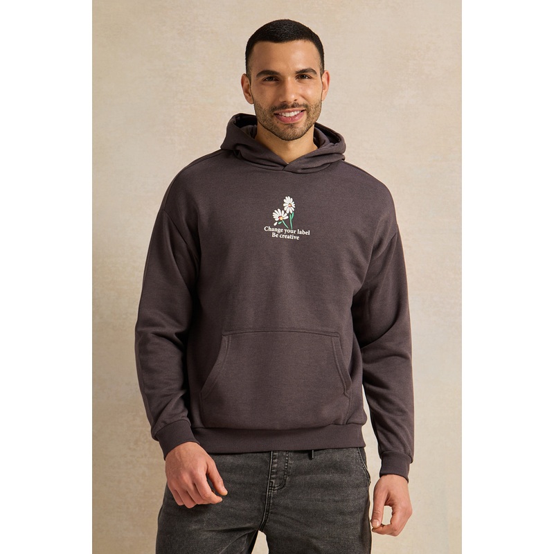 Men Grey Oversize Hooded Sweatshirt