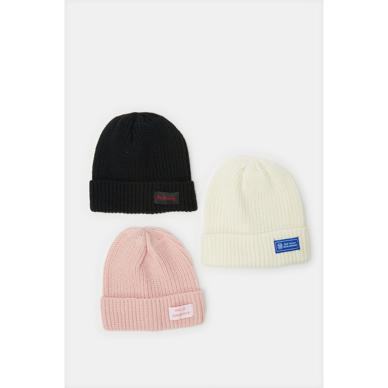 Multicolor Embellished Knitted Cap Set Of  (3 Piece)