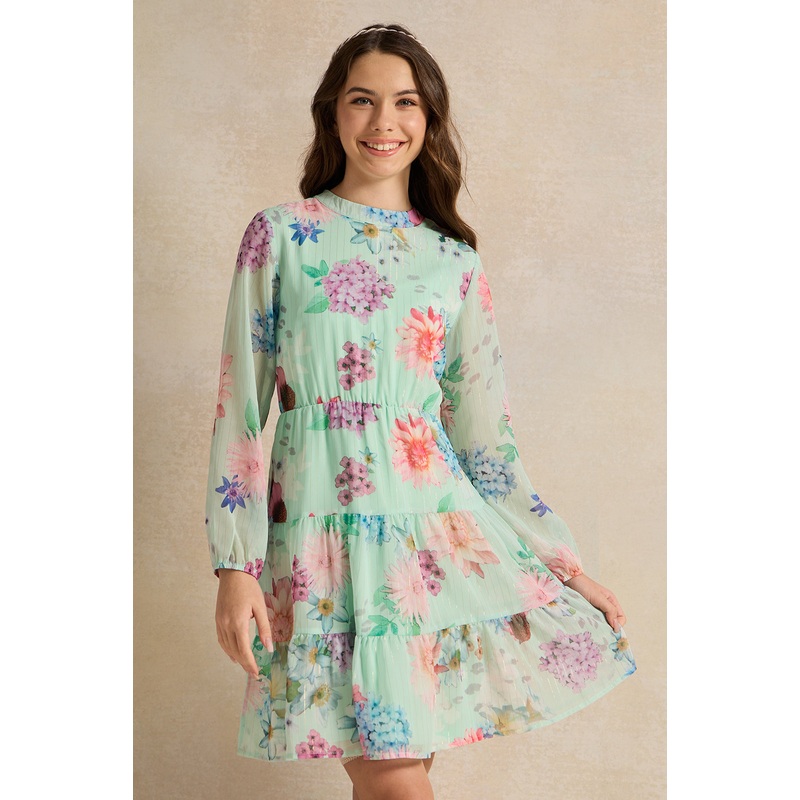 Senior Girls Green Printed Tiered Dress