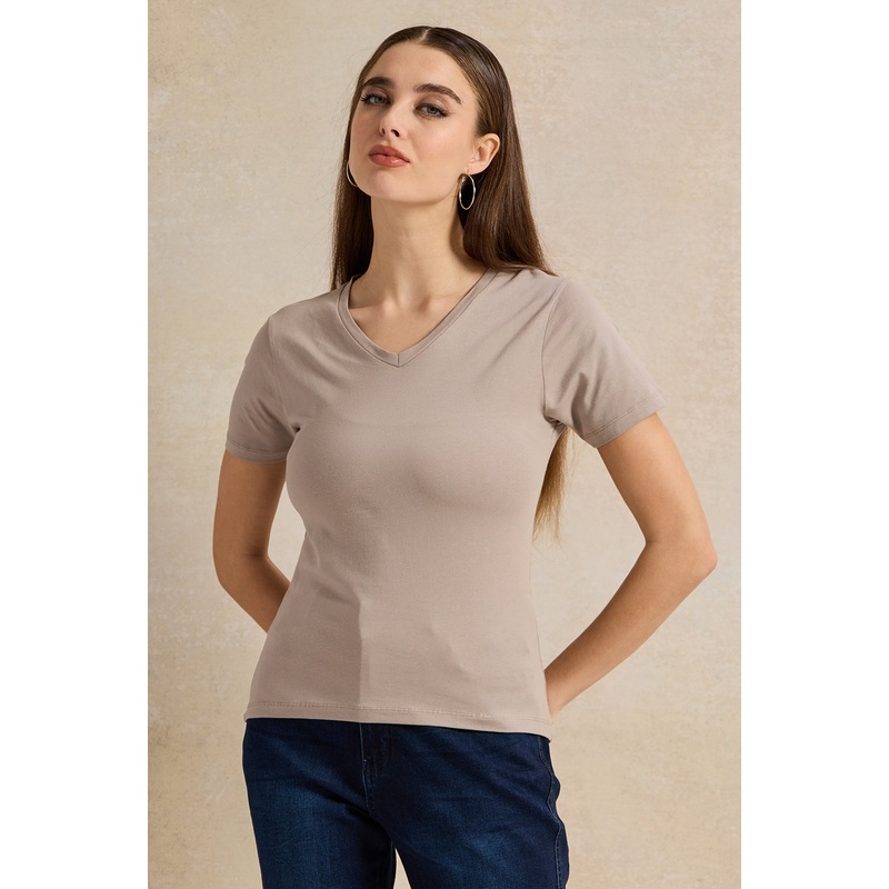 Women Beige Basic V-Neck T-Shirt