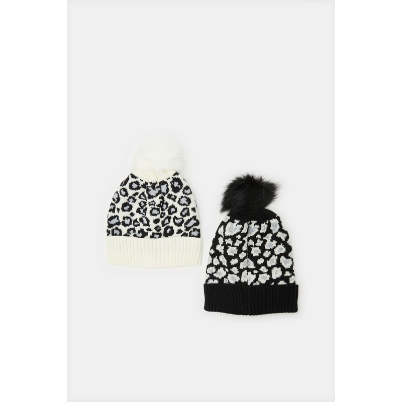 Women Black And White Embellished Knitted Cap Set (2 Piece)