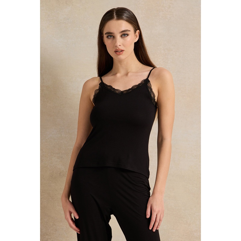 Women Black Cami Set With Lace (2 Piece)