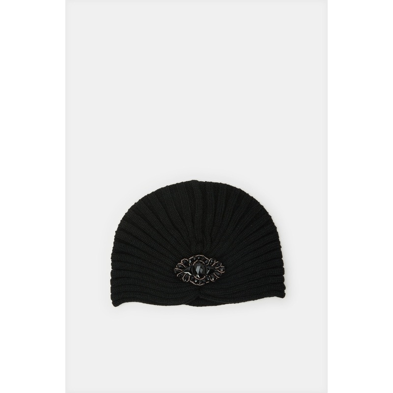 Women Black Embellished Knitted Cap